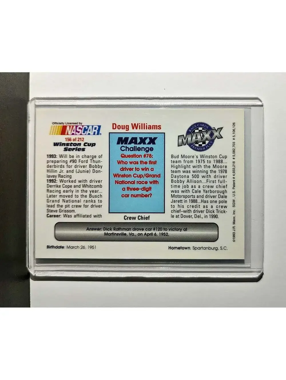 Doug Williams 1993 Maxx Premier Plus Racing #156 NASCAR Card Donlavey Racing